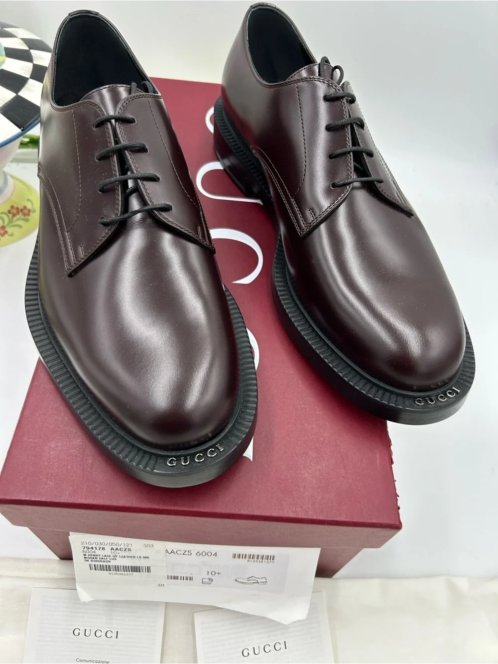 Men's Gucci logo lettering, Cordovan, Derby shoes size 10.5 fits 11 US  NWT